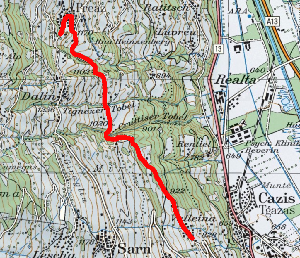 Karte mit Wanderweg von Praez nach Tartar